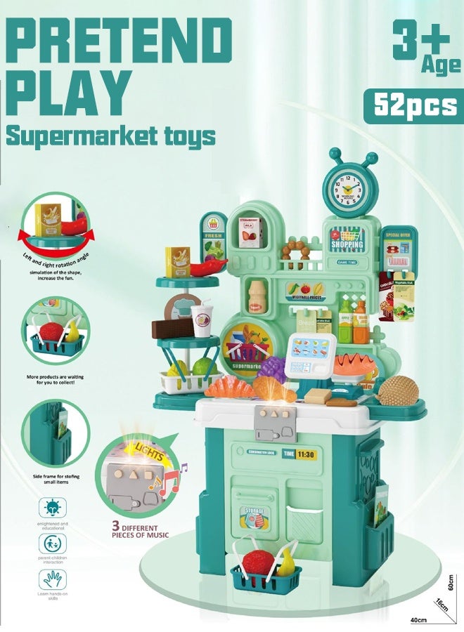 52pcs Supermarket Shop Grocery Pretend Toy,Home Pretend Supermarket Accessories and Toy Stand Role Playing Set Toys for Children,Pretend game toys, realistic 3 types of music multifunctional children's toy table, tool table set 3, 4, 5, 6, male and female children's toy game supermarket table  - Image 1
