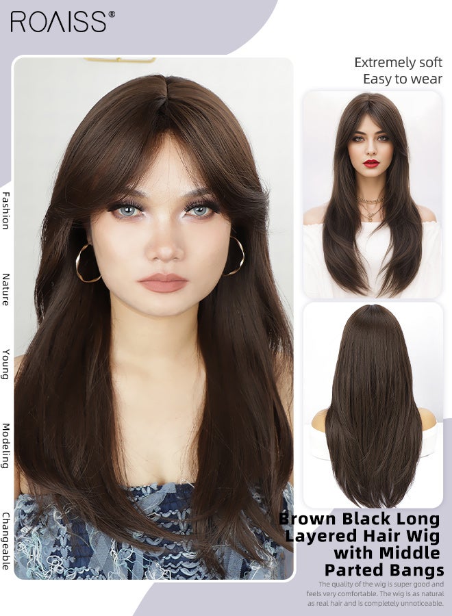 رويس باروكة شعر مستعار بني أسود طويل الطبقات مع غرة منقسمة من المنتصف للنساء، شعر مستعار صناعي ناعم طبيعي مقاوم للحرارة لحفلات الزفاف والتنكر للاستخدام اليومي، 60 سم (24 بوصة) - Image 1