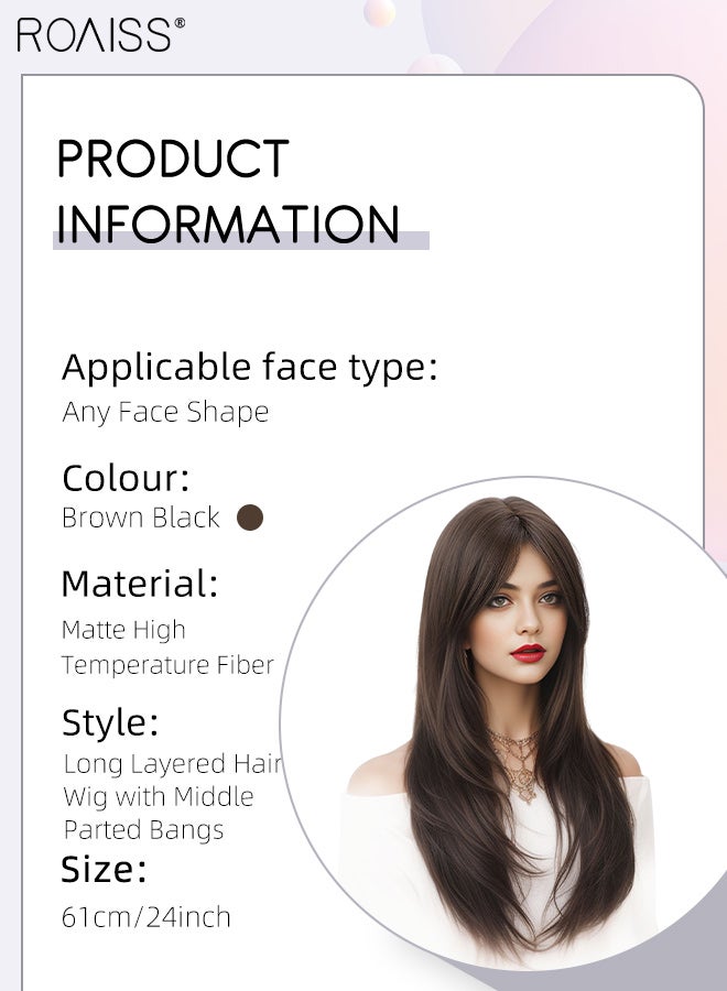 رويس باروكة شعر مستعار بني أسود طويل الطبقات مع غرة منقسمة من المنتصف للنساء، شعر مستعار صناعي ناعم طبيعي مقاوم للحرارة لحفلات الزفاف والتنكر للاستخدام اليومي، 60 سم (24 بوصة) - Image 3