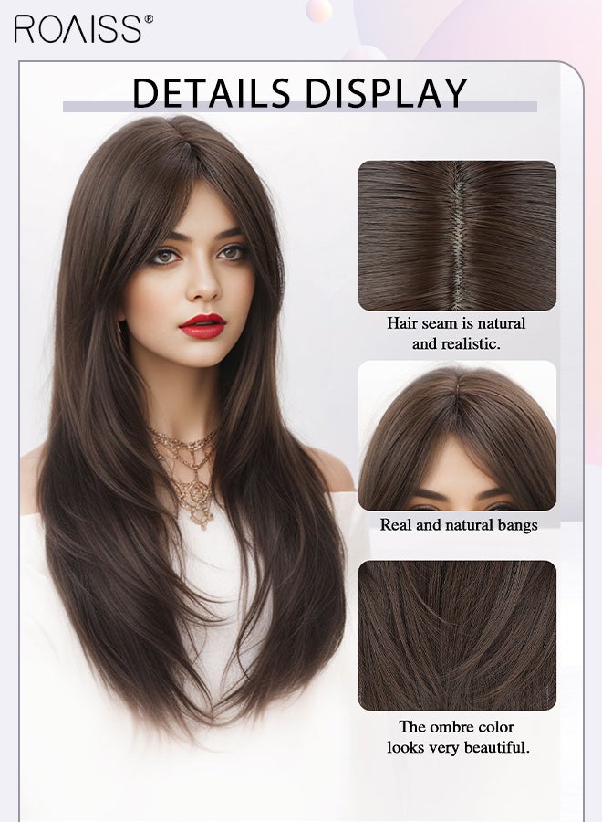 رويس باروكة شعر مستعار بني أسود طويل الطبقات مع غرة منقسمة من المنتصف للنساء، شعر مستعار صناعي ناعم طبيعي مقاوم للحرارة لحفلات الزفاف والتنكر للاستخدام اليومي، 60 سم (24 بوصة) - Image 5