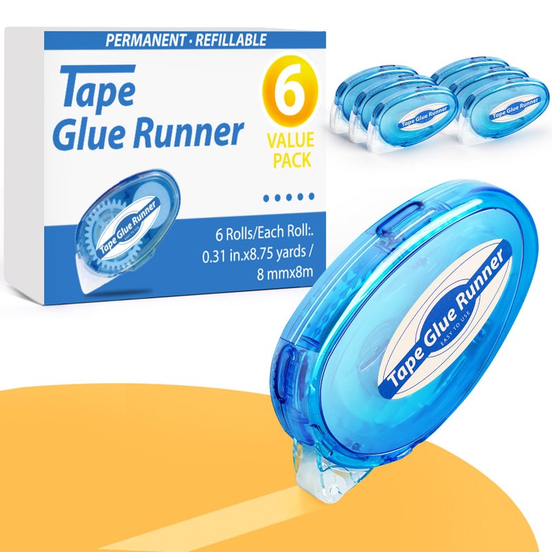 6 Pack Double Sided Tape Roller 8mm x 315 Inch Permanent Adhesive Scrapbook Tape Dispenser Runner Glue Tape Roller for Scrapbooking Crafts and Arts Projects PhotoSafe Smooth Clean