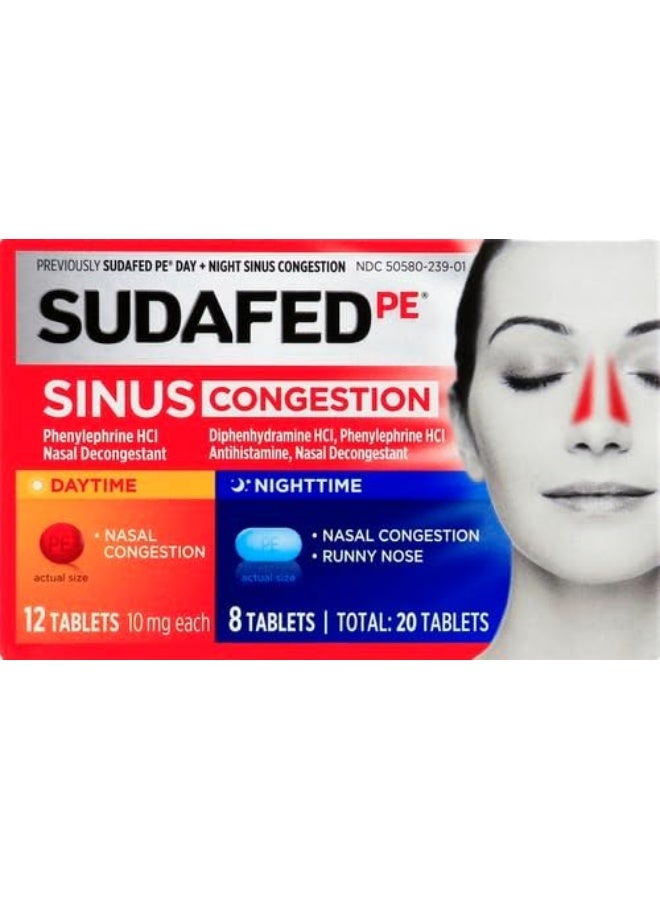 Sudafed Pe Sinus Congestion Day + Night Maximum Strength Decongestant Tablets, 20 Tablets - Image 2