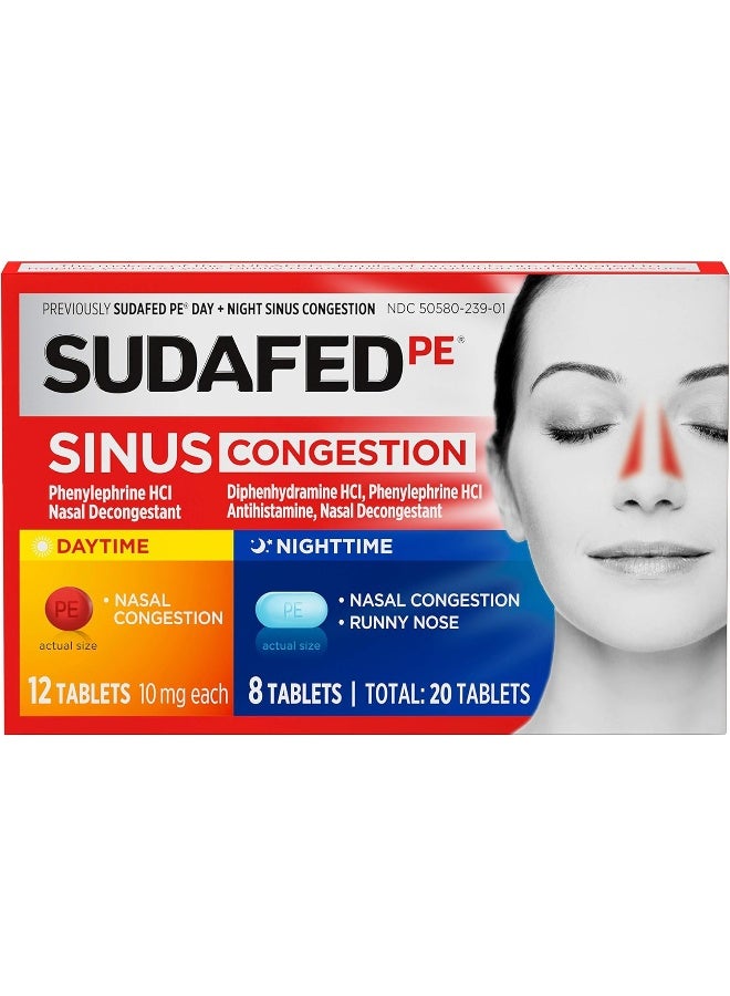 Sudafed Pe Sinus Congestion Day + Night Maximum Strength Decongestant Tablets, 20 Tablets - Image 1