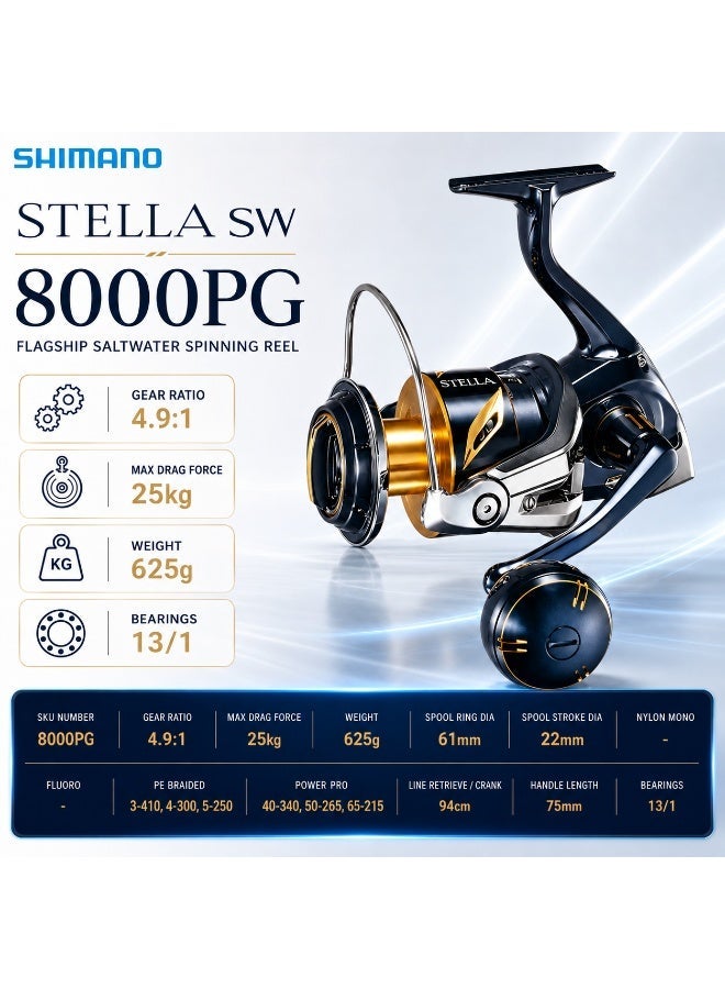 Shimano Stella SW 8000PG Saltwater Spinning Reel, 25kg Max Drag, 4.9:1 Gear Ratio, Hagane Body, 13+1 Bearings, for Offshore Popping Jigging Casting GT Tuna - Image 1