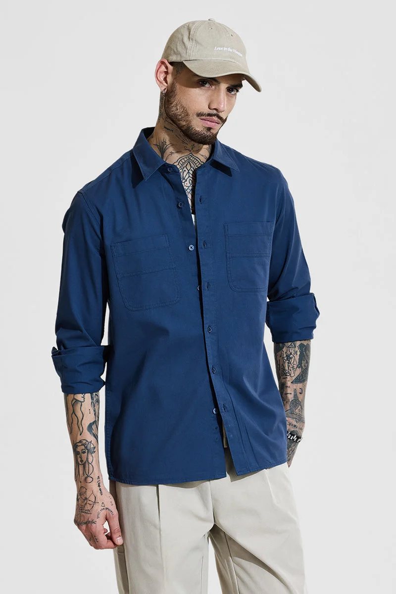 سنيتش Dark Blue Solid Long Sleeve Slim Fit Casual Core Lab Shirt