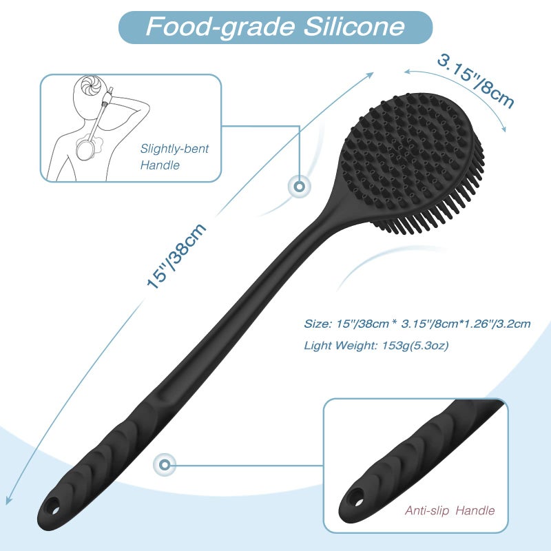 Manmihealth Silicone Back Scrubber(Thick Bristles) & Soft Bath Glove Set, Super-Exfoliating Body Scrubber & Super-Lathering Shower Brush Combination, with a Free Hook.(Black) - Image 2