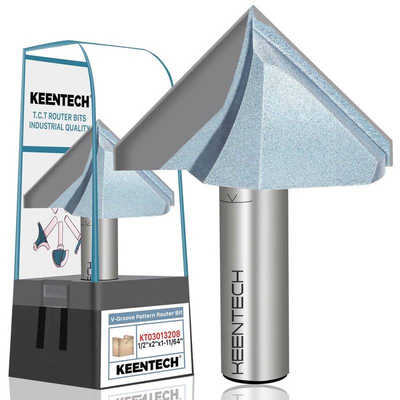 KEENTECH 90 Degree V Groove Router Bit for Woodworking with 1/2" Shank, Industrial Grade Carbide, 2" Diameter x 1-11/64" Cutting Depth, with Storage Case - Image 1