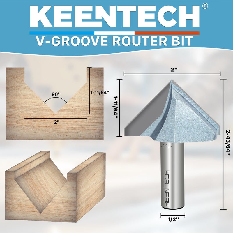KEENTECH 90 Degree V Groove Router Bit for Woodworking with 1/2" Shank, Industrial Grade Carbide, 2" Diameter x 1-11/64" Cutting Depth, with Storage Case - Image 2
