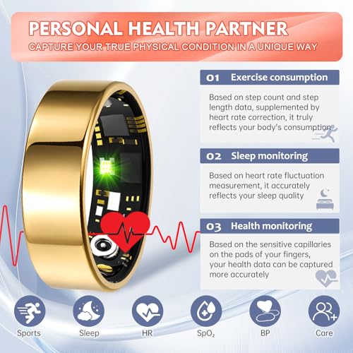 Kuxlagz Smart Ring Health Tracker for Women Men, Sleep Tracker with Heart Rate,SPO₂,Blood Pressure, Fitness Ring for Activity Monitoring, No Subscription, Step Tracker Ring for iOS&Android (Gold, #7) - Image 2