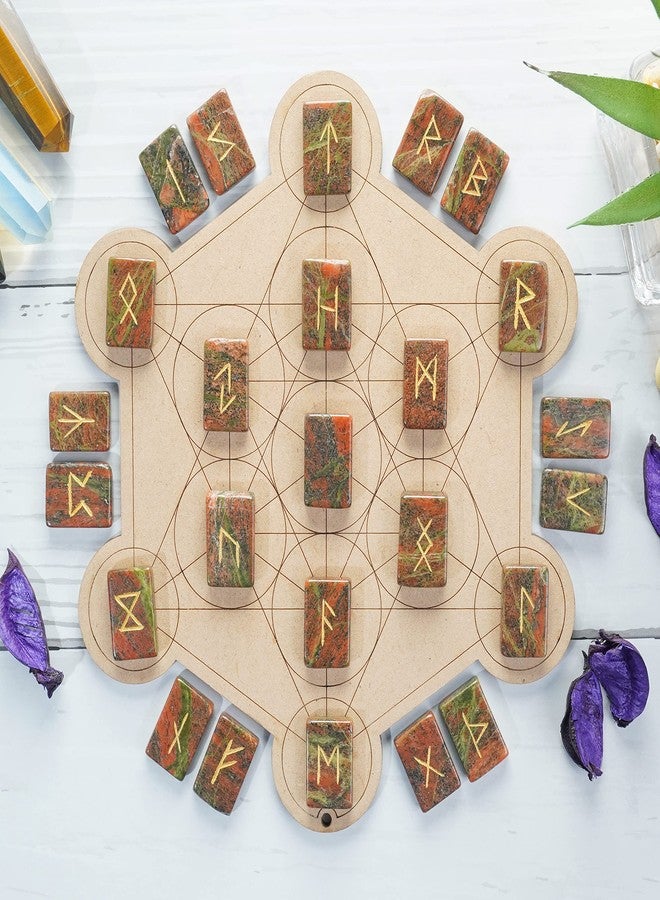 Hindcraft Unakite Rune Set - 25 Pcs Rectangle Gemstones with Engraved Elder Futhark Alphabet for Crystal Divination, Metaphysical Healing, Chakra, Reiki - Includes Pouch, 20-25mm - Image 2