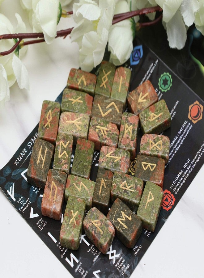 Hindcraft Unakite Rune Set - 25 Pcs Rectangle Gemstones with Engraved Elder Futhark Alphabet for Crystal Divination, Metaphysical Healing, Chakra, Reiki - Includes Pouch, 20-25mm - Image 3