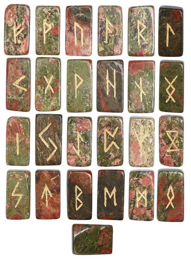 Hindcraft Unakite Rune Set - 25 Pcs Rectangle Gemstones with Engraved Elder Futhark Alphabet for Crystal Divination, Metaphysical Healing, Chakra, Reiki - Includes Pouch, 20-25mm - Image 1