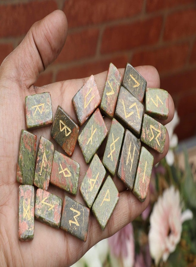Hindcraft Unakite Rune Set - 25 Pcs Rectangle Gemstones with Engraved Elder Futhark Alphabet for Crystal Divination, Metaphysical Healing, Chakra, Reiki - Includes Pouch, 20-25mm - Image 4