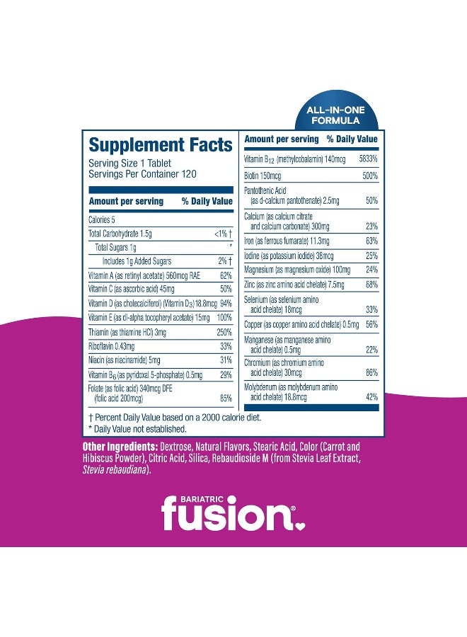 Bariatric Fusion فيتامينات متعددة قابلة للمضغ من بارياترك فيوجن بنكهة التوت المختلط مع الحديد لمرضى جراحة السمنة بما في ذلك تحويل مسار المعدة واستئصال المعدة بالمنظار - 120 قرص - Image 4