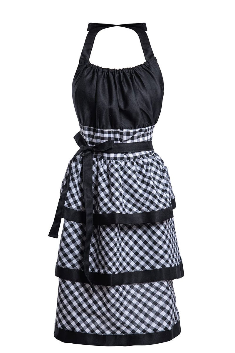 Alex Virtue Lovely Flower Pattern Retro Aprons With Large Pockets for Women Girls Cooking Kitchen Bakery Mother's Gift (Black Plaid) - Image 1