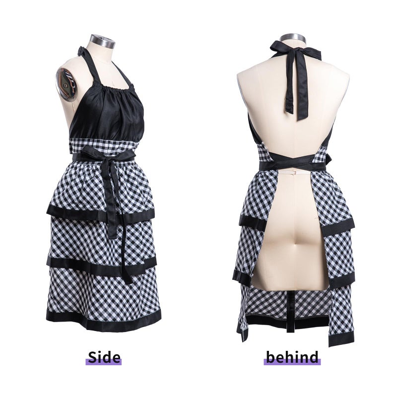 Alex Virtue Lovely Flower Pattern Retro Aprons With Large Pockets for Women Girls Cooking Kitchen Bakery Mother's Gift (Black Plaid) - Image 2