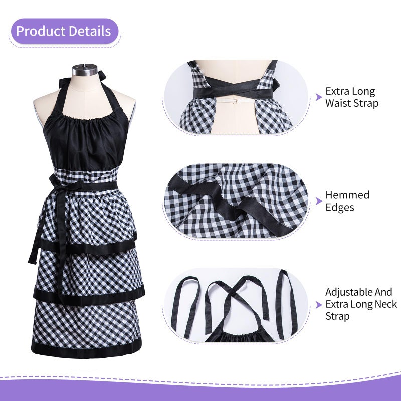 Alex Virtue Lovely Flower Pattern Retro Aprons With Large Pockets for Women Girls Cooking Kitchen Bakery Mother's Gift (Black Plaid) - Image 3