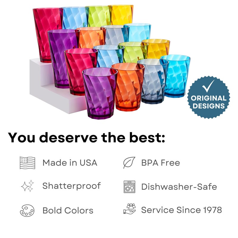 US Acrylic Optix Plastic Reusable Drinking Glasses (Set of 16) 14oz Rocks & 20oz Water Cups in Jewel Tone Colors | BPA-Free Tumblers, Made in USA | Top-Rack Dishwasher Safe - Image 2
