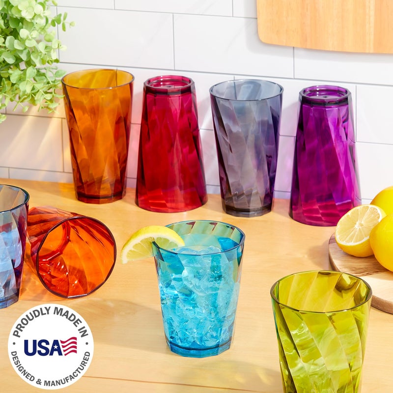US Acrylic Optix Plastic Reusable Drinking Glasses (Set of 16) 14oz Rocks & 20oz Water Cups in Jewel Tone Colors | BPA-Free Tumblers, Made in USA | Top-Rack Dishwasher Safe - Image 3