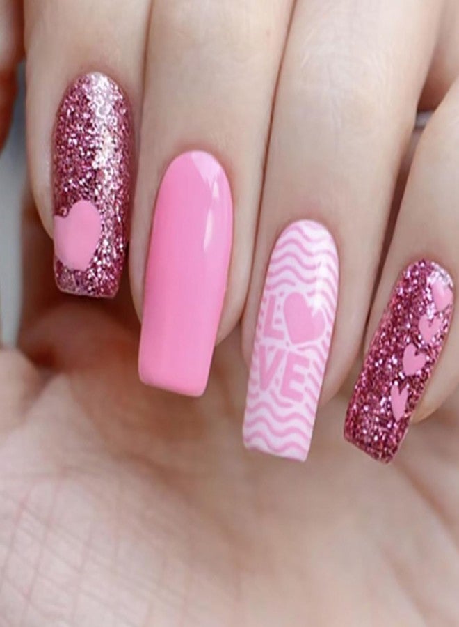 KTAABTR 24pcs Valentines Nails Press On Medium Square Heart Pink Glitter Glossy Acrylic Supply Full Cover Heart White Stripe False Nails for Women Girls - Image 1