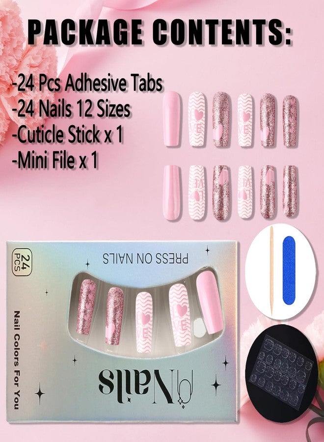 KTAABTR 24pcs Valentines Nails Press On Medium Square Heart Pink Glitter Glossy Acrylic Supply Full Cover Heart White Stripe False Nails for Women Girls - Image 2