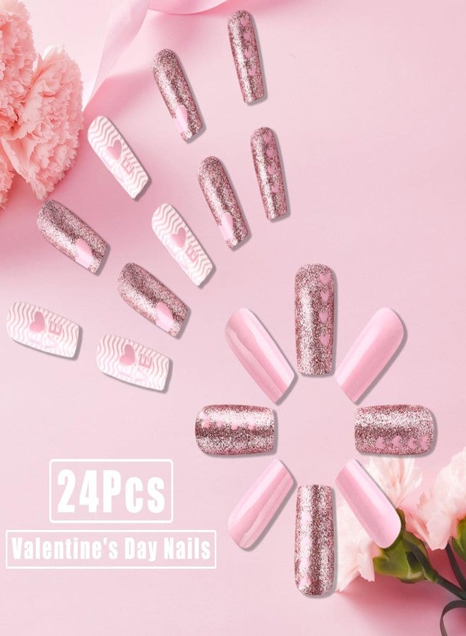 KTAABTR 24pcs Valentines Nails Press On Medium Square Heart Pink Glitter Glossy Acrylic Supply Full Cover Heart White Stripe False Nails for Women Girls - Image 3