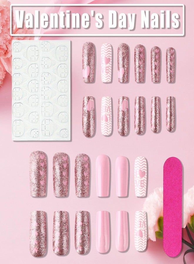 KTAABTR 24pcs Valentines Nails Press On Medium Square Heart Pink Glitter Glossy Acrylic Supply Full Cover Heart White Stripe False Nails for Women Girls - Image 4