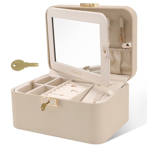 KAMIER Upgraded Jewelry Box, 2 Layers PU Leather Jewelry Organizer for Women with Lock and Mirror, Hidden Necklace Hook and Removable Divider Large Capacity Travel Jewelry Box Ideal for Gift-With Gift Box - Image 1