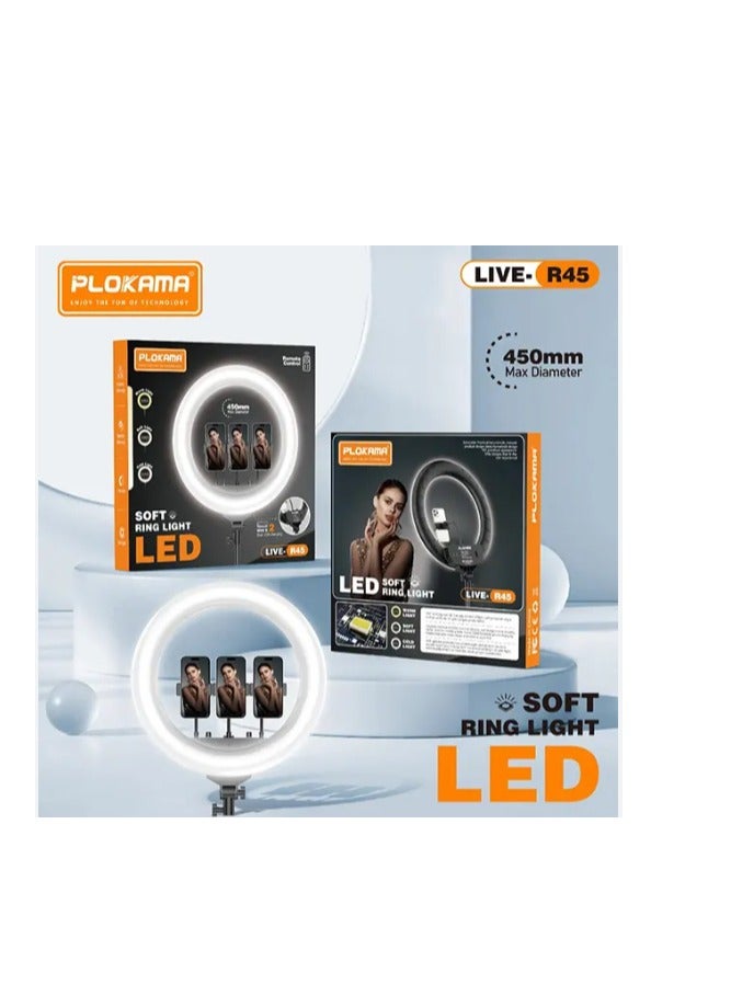 التخطيط Plokama R45 ضوء حلقة LED ناعم 45 سم - إمالة دوارة 360 درجة، تصميم غير قابل للانزلاق، جهاز تحكم عن بعد لاسلكي، سطوع قابل للتعديل ودرجة حرارة اللون، حماية العين - Image 1