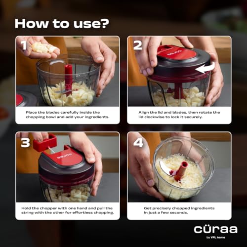 CÜRAA ChopLab Lite Plus Manual Vegetable Chopper for Kitchen Use | By Chef Sanjyot Keer | Mini Chopper for Kitchen with Stainless Steel Blades – 900ml (Red) - Image 2