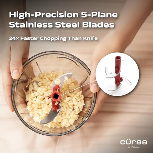 CÜRAA ChopLab Lite Plus Manual Vegetable Chopper for Kitchen Use | By Chef Sanjyot Keer | Mini Chopper for Kitchen with Stainless Steel Blades – 900ml (Red) - Image 3