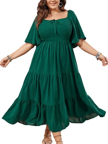 SCOMCHIC Women's Plus Size Flowy Maxi Dress Flutter Short Sleeve Boho Dress Square Neck Smocked Formal Dresses for Women Green - Image 1