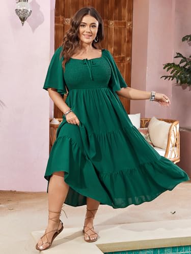 SCOMCHIC Women's Plus Size Flowy Maxi Dress Flutter Short Sleeve Boho Dress Square Neck Smocked Formal Dresses for Women Green - Image 5