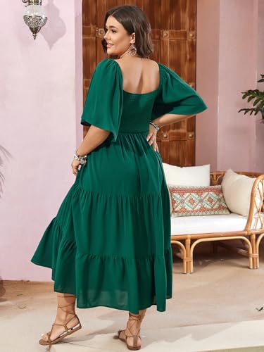SCOMCHIC Women's Plus Size Flowy Maxi Dress Flutter Short Sleeve Boho Dress Square Neck Smocked Formal Dresses for Women Green - Image 2