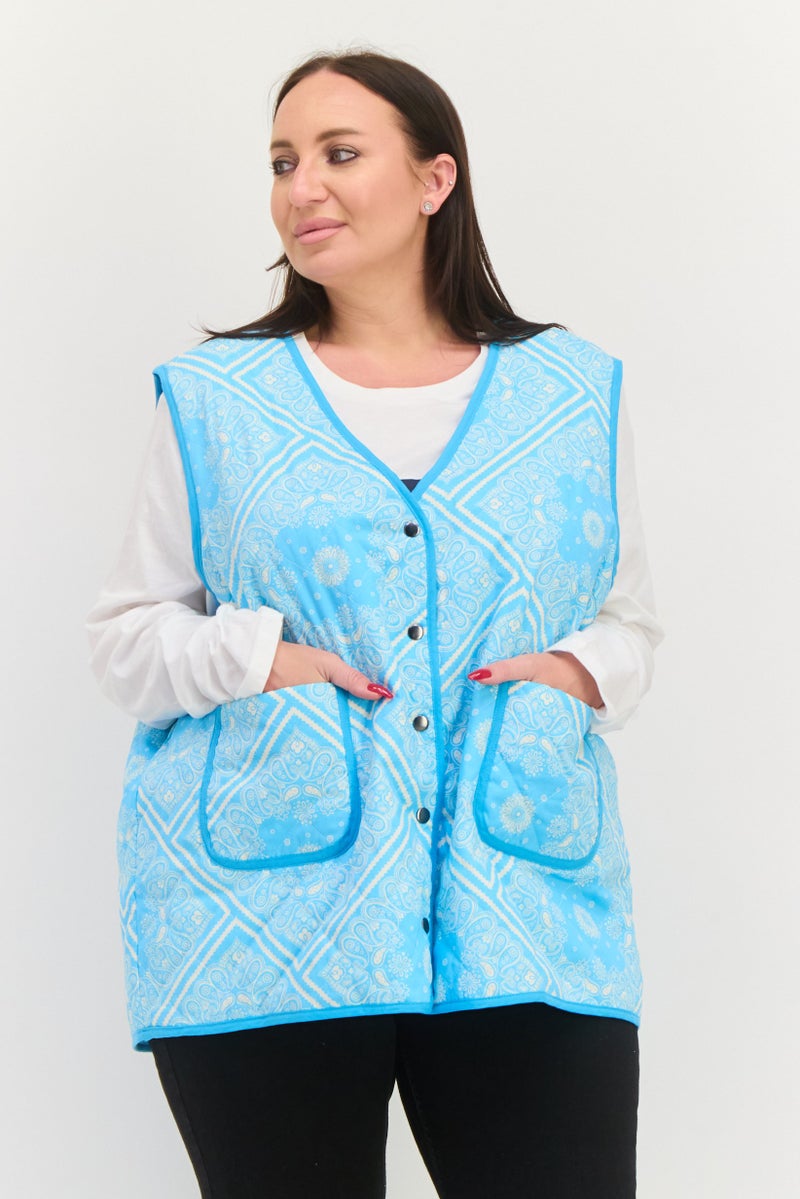 Native Youth Women Plus Size Paisley Print Puffer Vest, Blue - Image 1