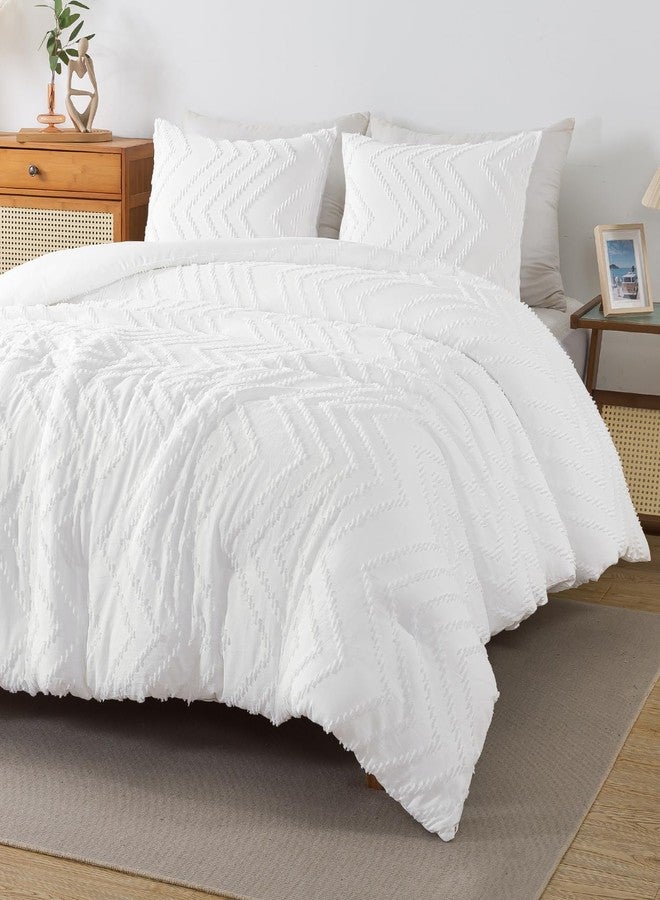 Andency White Comforter Queen, Boho Soft Fluffy Warm Lightweight Bedding Comforter Sets for Queen Bed, 3 Pieces Chevron Tufted Aesthetic Microfiber Lightweight Comforter Set - Image 1