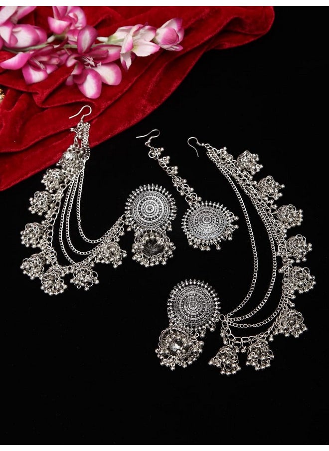 Shining Diva Fashion - Shining Diva Fashion Latest Stylish Oxidised Maang Tikka Bahubali Jhumka Earrings for Women and Girls (12395er) - Image 1