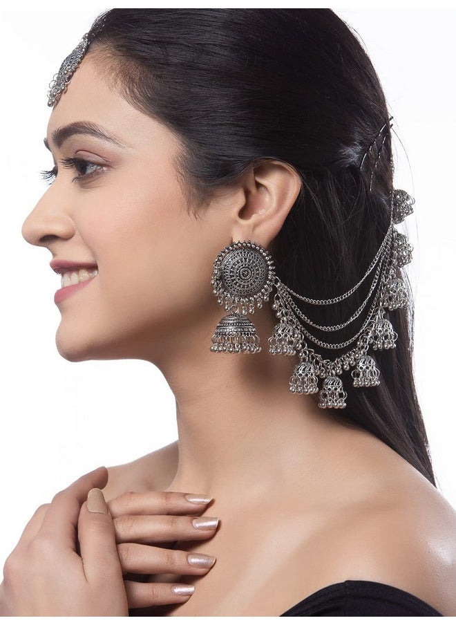 Shining Diva Fashion - Shining Diva Fashion Latest Stylish Oxidised Maang Tikka Bahubali Jhumka Earrings for Women and Girls (12395er) - Image 1
