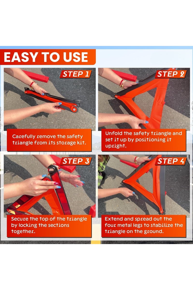 متجر الفرح مثلث تحذير كبير عاكس للسلامة في حالات الطوارئ، مثلث تحذير طريق قابل للطي، حامل مثلث تحذير على جانب الطريق، علامات تنبيه المخاطر على جانب الطريق مع صندوق تخزين لملحقات طوارئ السيارة - Image 2