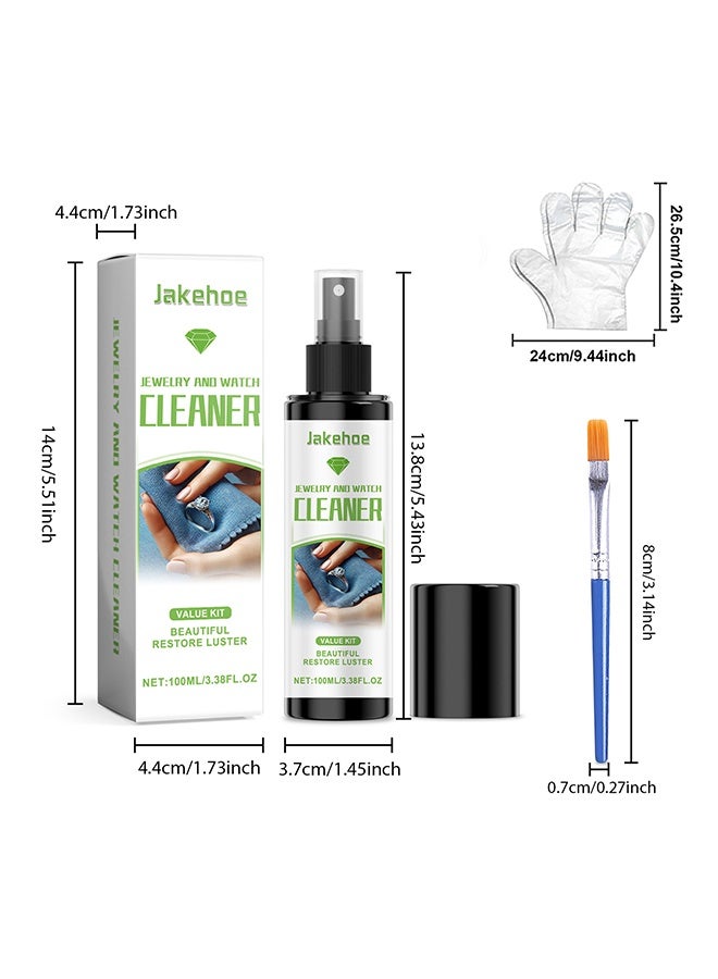Jakehoe عامل تنظيف المجوهرات 100 مل - محلول منظف المجوهرات الفضية - بخاخ منظف المجوهرات عالي الجودة - منظف مجوهرات فوري اللمعان - رذاذ منظف المجوهرات الماسي - منظف المجوهرات السريع - مع القفازات والفرشاة - Image 2