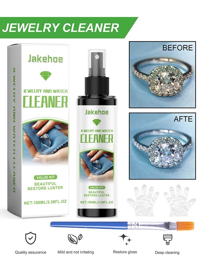 Jakehoe عامل تنظيف المجوهرات 100 مل - محلول منظف المجوهرات الفضية - بخاخ منظف المجوهرات عالي الجودة - منظف مجوهرات فوري اللمعان - رذاذ منظف المجوهرات الماسي - منظف المجوهرات السريع - مع القفازات والفرشاة - Image 1