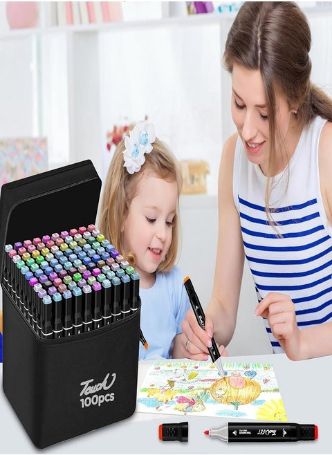 100 Colors Art Marker Pen Set, Dual Tip Marker Pen with Carrying Bag, Art Supplies for Students, Adults, Artists Drawing, Coloring, Sketching Design