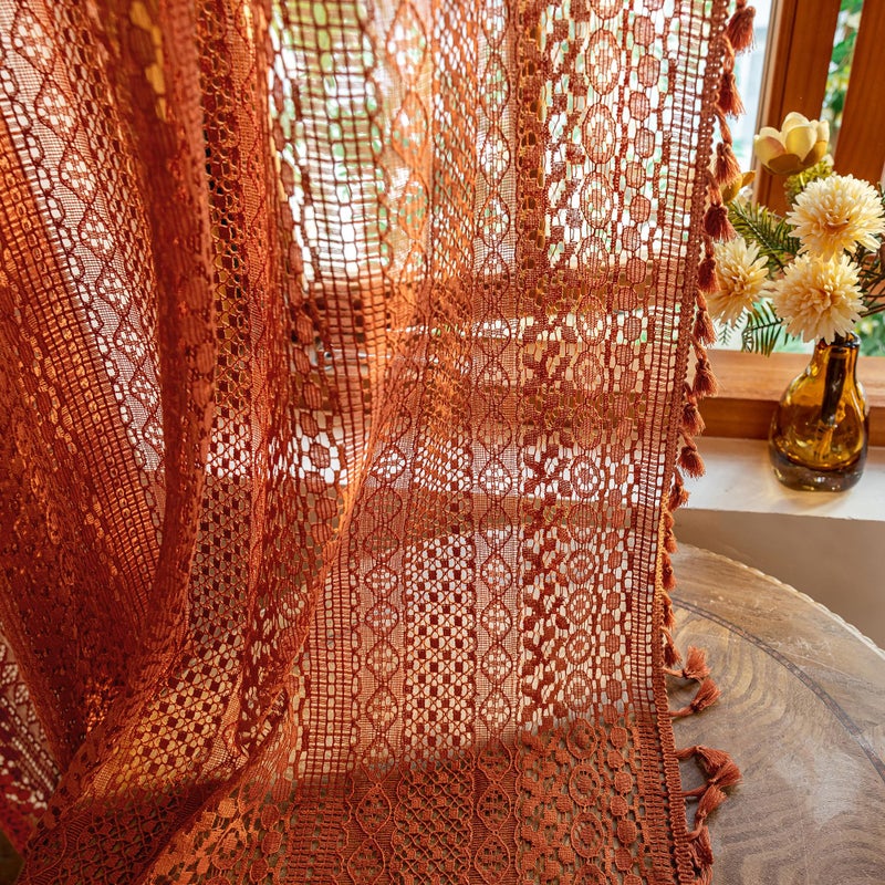 WAZZIO Boho Lace Curtains 72 Inches 2 Panel,Light Filtering Privacy Tassel & Geometry Crochet Semi Sheer Curtain Drapes for Bedroom Living Dining Room,Rod Pocket & Tassel,Full Decor,Burnt Orange - Image 1