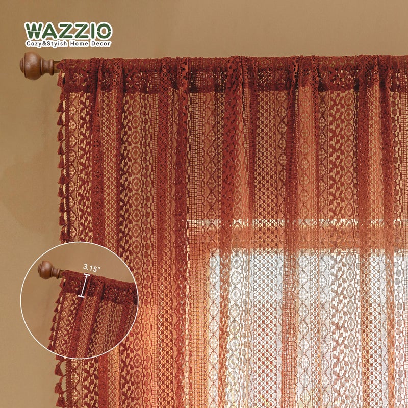 WAZZIO Boho Lace Curtains 72 Inches 2 Panel,Light Filtering Privacy Tassel & Geometry Crochet Semi Sheer Curtain Drapes for Bedroom Living Dining Room,Rod Pocket & Tassel,Full Decor,Burnt Orange - Image 4