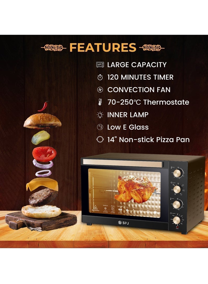 SPJ High Performance 120L Electric Oven 2800W with Rotisserie, Premium Quality Large Capacity Countertop Oven, 70–250°C Temperature Control, 120-Min Timer, 7 Power Levels, Inner Lamp, Durable Design, Even Heating, Black, Ideal for Home & Kitchen UAE - Image 3