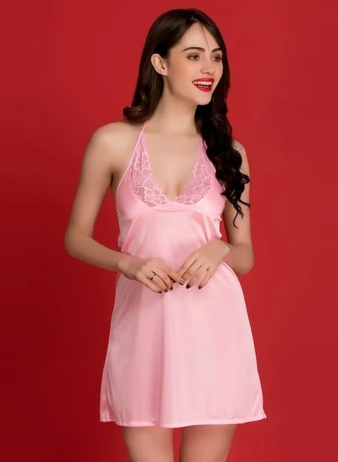 كلوفيا Clovia Chic Basic Halter Neck Babydoll in Pink - Satin