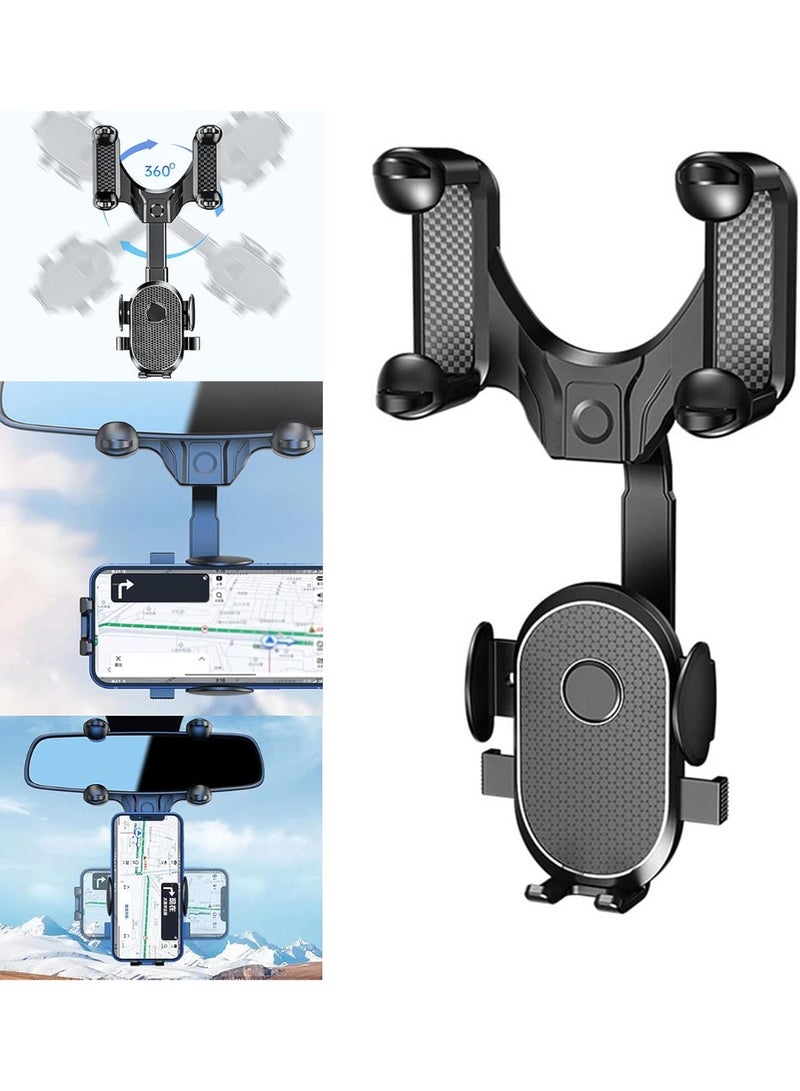 Car Phone Holder Mount Rear View Mirror Phone Holder for Car Multifunctional 360° Rotatable and Retractable Car Cell Phone Stand Adjustable Rearview Mirror Mount - Image 1