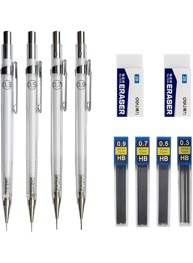 إيروريكس مجموعة أقلام رصاص ميكانيكية مكونة من 4 قطع أقلام رصاص شفافة بقياس 0.3 و0.5 و0.7 و0.9 مم مع 4 علب من رصاص قلم رصاص HB وممحاة أوتوماتيكية وقلم رصاص للرسم والرسم، أدوات مدرسية للكتابة والرسم - Image 1