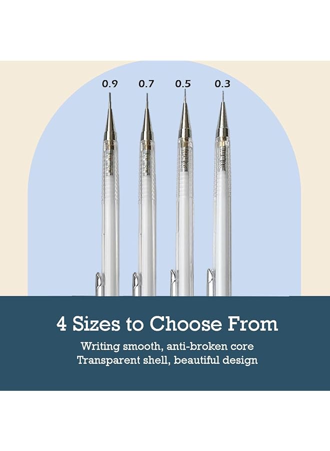 إيروريكس مجموعة أقلام رصاص ميكانيكية مكونة من 4 قطع أقلام رصاص شفافة بقياس 0.3 و0.5 و0.7 و0.9 مم مع 4 علب من رصاص قلم رصاص HB وممحاة أوتوماتيكية وقلم رصاص للرسم والرسم، أدوات مدرسية للكتابة والرسم - Image 2