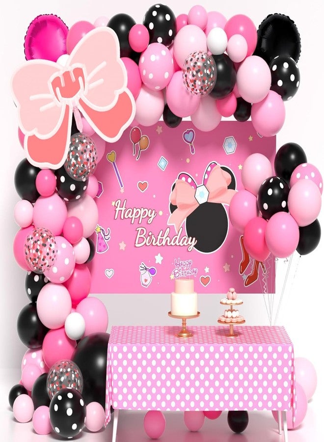 Janinus Pink Mouse Birthday Decorations of Pink Mouse Balloon Arch Kit with Backdrop & Tablecloth - Mouse Balloon Garland Different Sizes 5 12 Inch Pink Black Balloons for Girls Baby Shower Birthday Decor - Image 1